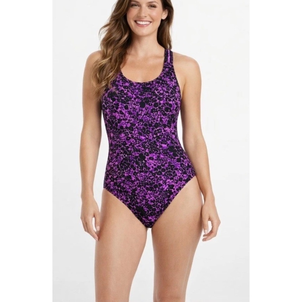 Speedo Racerback Womens Purple Black Animal Print One Piece Swimsuit Size 14